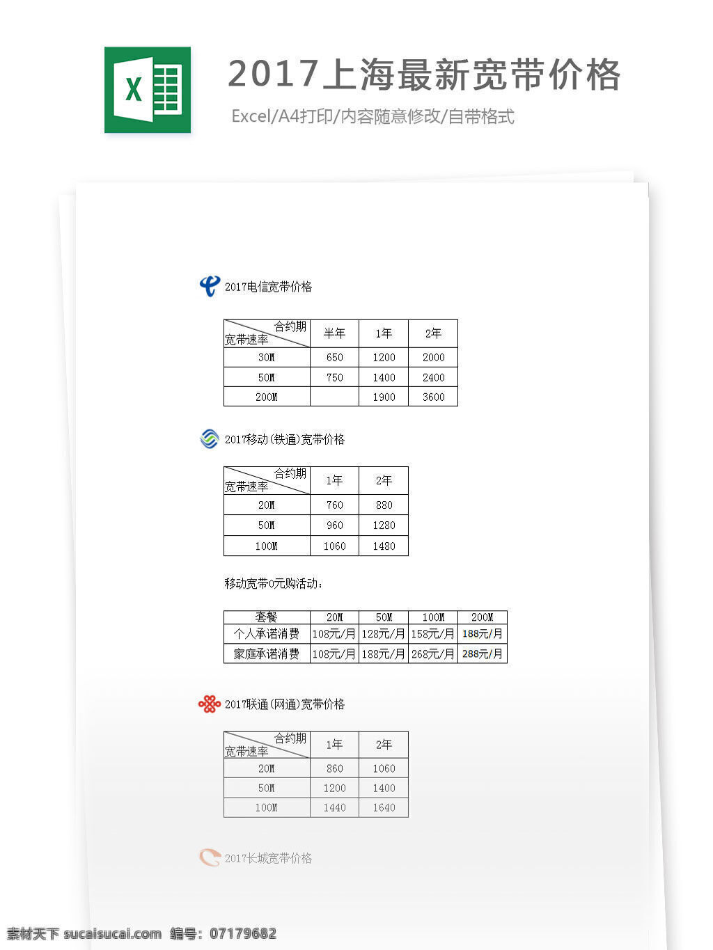 2017 上海 最新 宽带 价格 excel 表格 表格模板 表格设计 图表