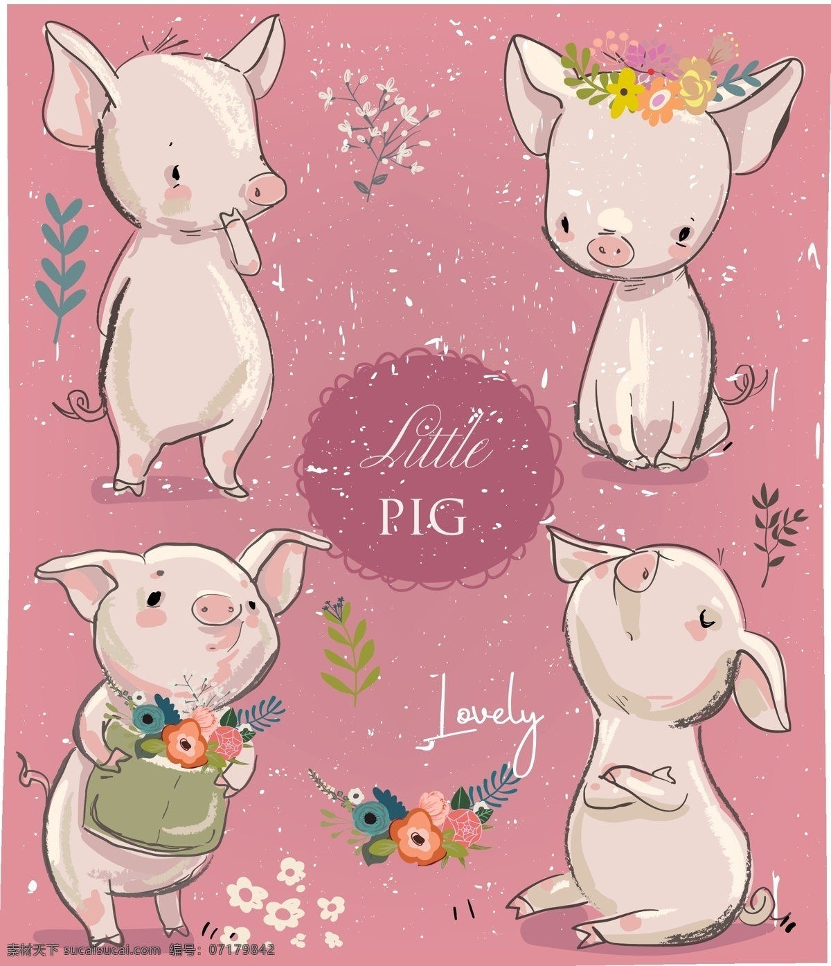 款 可爱 手绘 小 猪 矢量 做旧效果 花卉 动物 文化艺术 节日庆祝