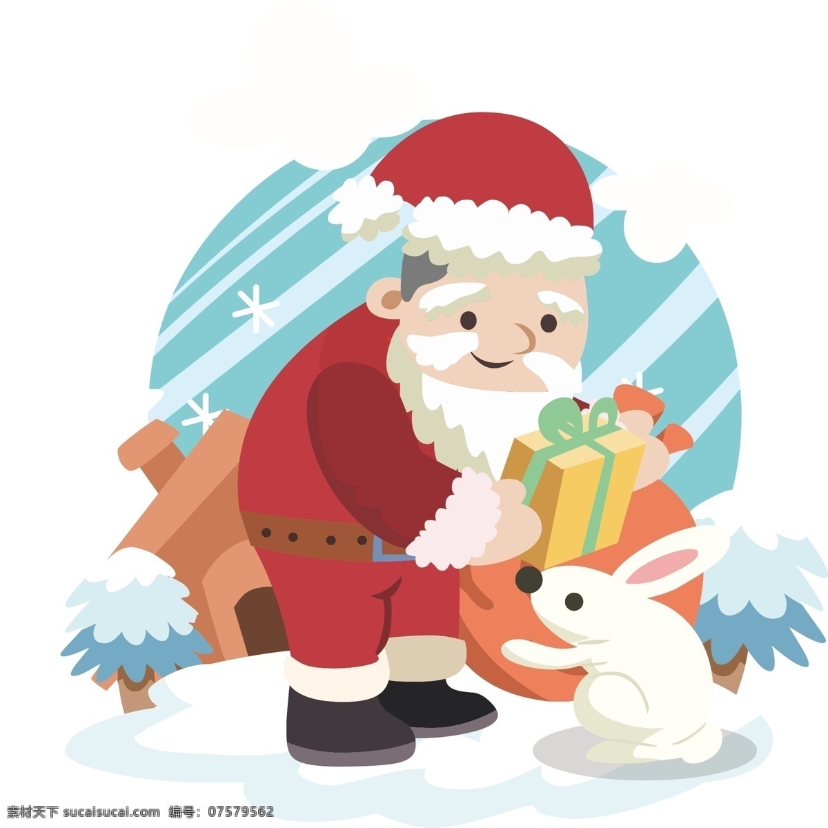 圣诞老人 小 白兔 送礼 物 卡通圣诞老人 小白兔 圣诞快乐 圣诞节 圣诞礼物 礼品盒 黄色礼品盒 红色圣诞帽