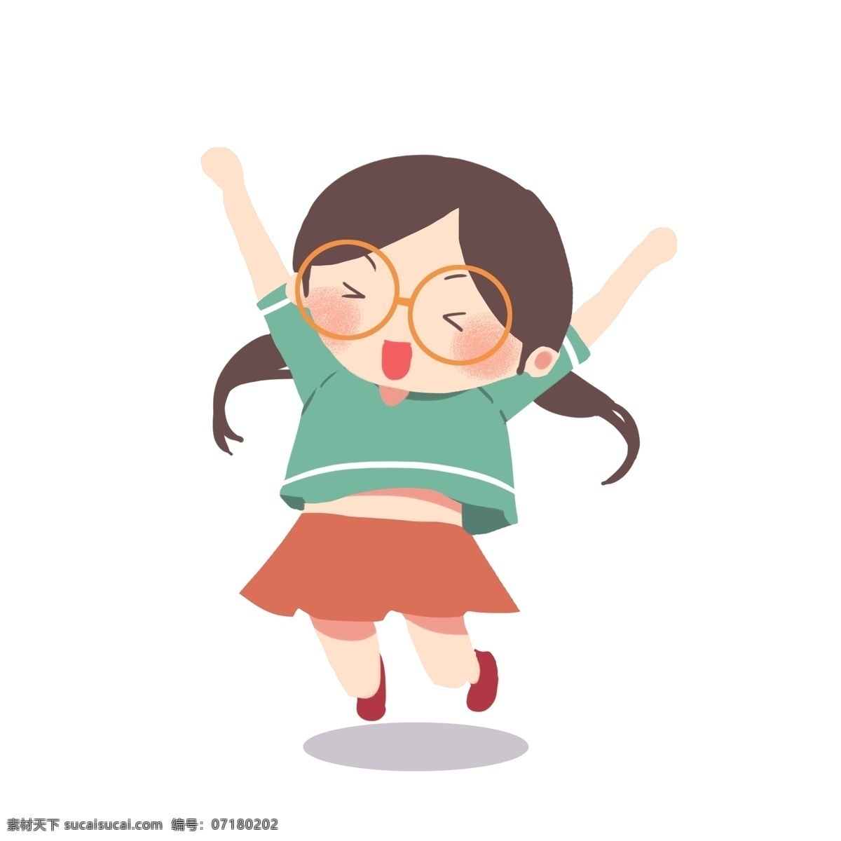 兴奋 跳 起来 眼镜 女孩 微笑 笑容 笑脸 女生 学生 跳跃 跳起 高兴 可爱 q版 卡哇伊 少女