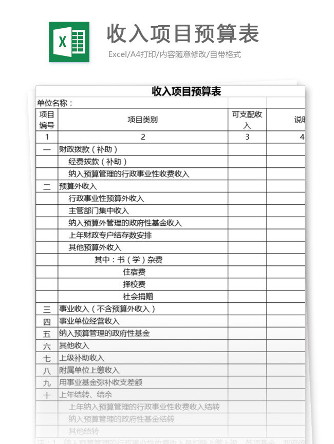 收入 项目 预算 表格 表格模板 图表 表格设计 预算表 财务报表