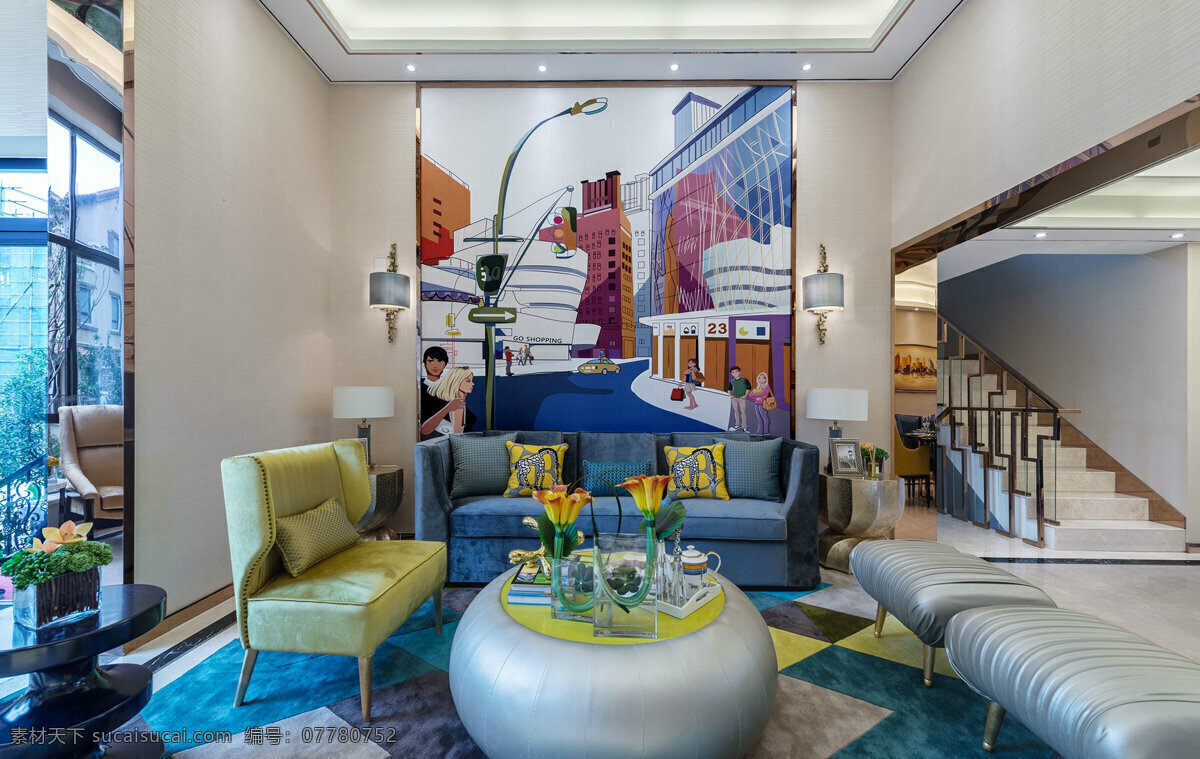 现代 时尚 客厅 圆形 灰色 茶几 室内装修 效果图 客厅装修 圆形茶几 蓝色地毯 灰色沙发