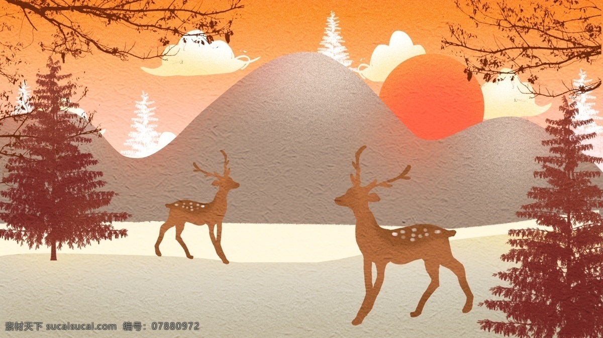 简约 清新 黄昏 下 山峦 鹿 夕阳 森林与鹿
