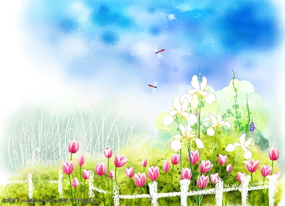 春色满园 彩绘 风景 春季风景 蝴蝶 花朵 野地 四季风景图片 彩绘春色风景 分层 源文件