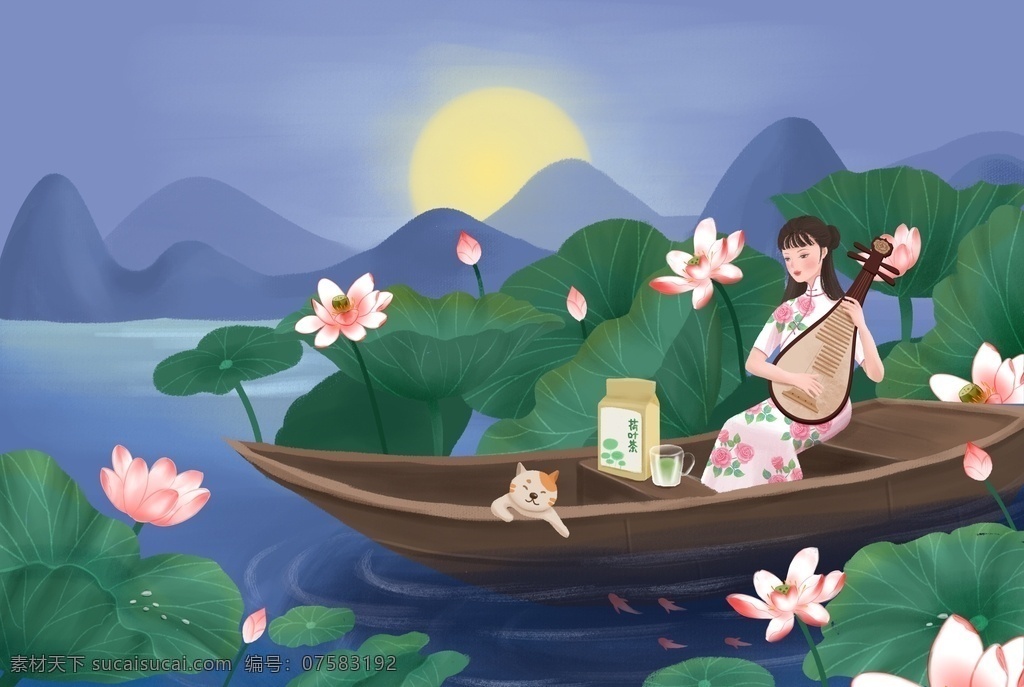 山水 复古 旗袍 女性人物 插画 女性 人物 清新 类 背景 分层