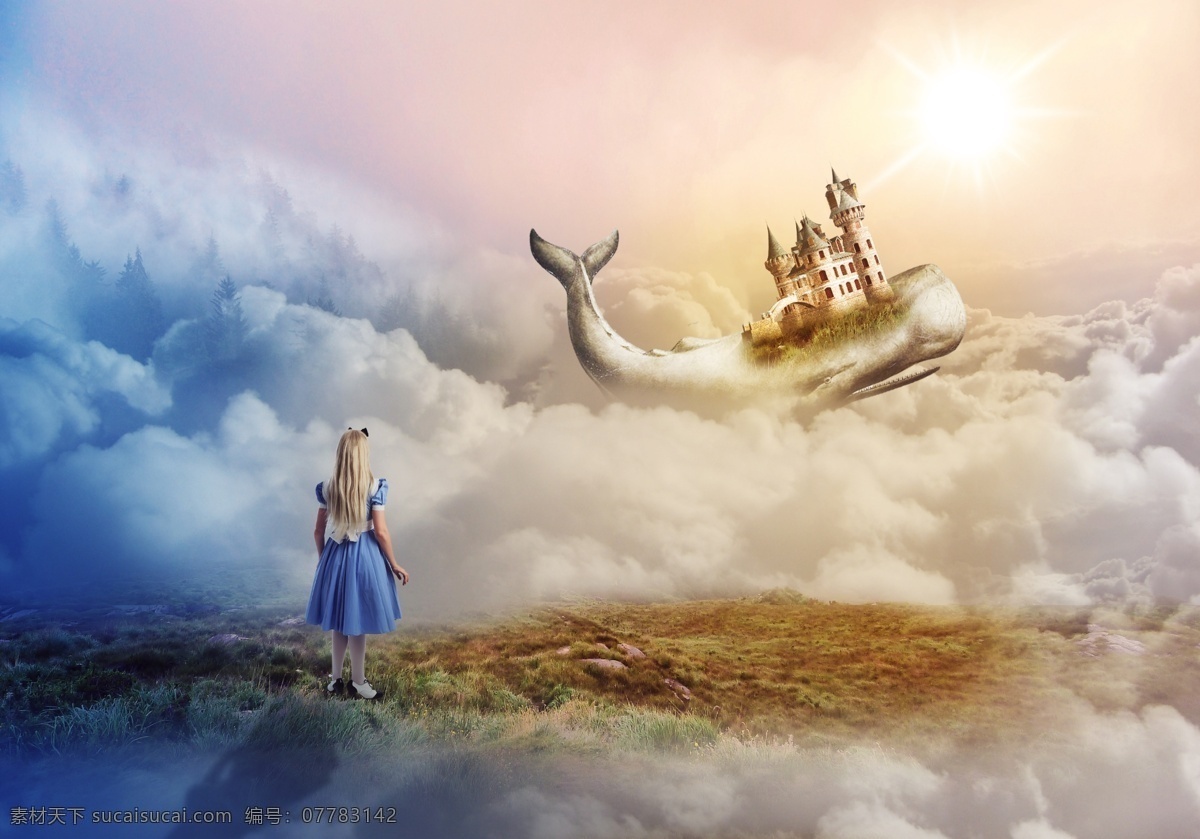 梦幻城堡 女孩背影 城堡 鲸鱼 云层 太阳 阳光 草地