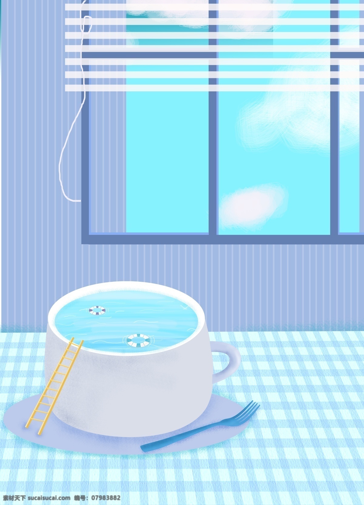 浅色 清新 居家生活 插画 背景 温馨背景 室内插画 手绘背景 居家生活插画 生活插画背景 蓝色窗户 水杯