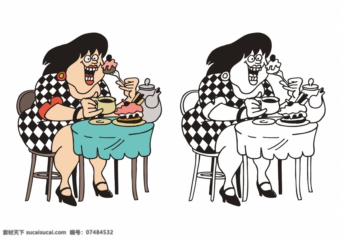 免费 卡通 胖 女人 矢量 插画 胖女人 吃 蛋糕 糖果 颜色 着色书 着色 绘制 人 午餐 餐 女人吃 不健康的食物 不健康的饮食 好吃的 不健康的 孤立的 饥饿的 性格 食物 女性 背景