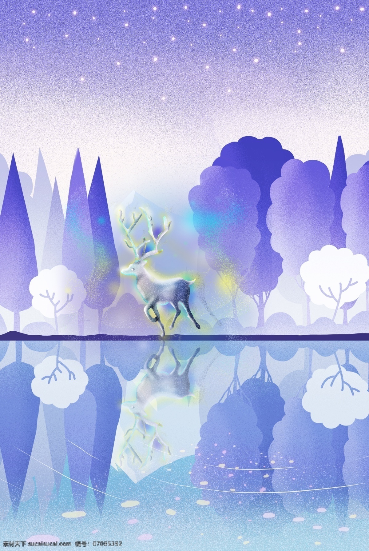 梦幻 小鹿 穿过 森林 海报 手绘 插画风 紫色 树木 河流