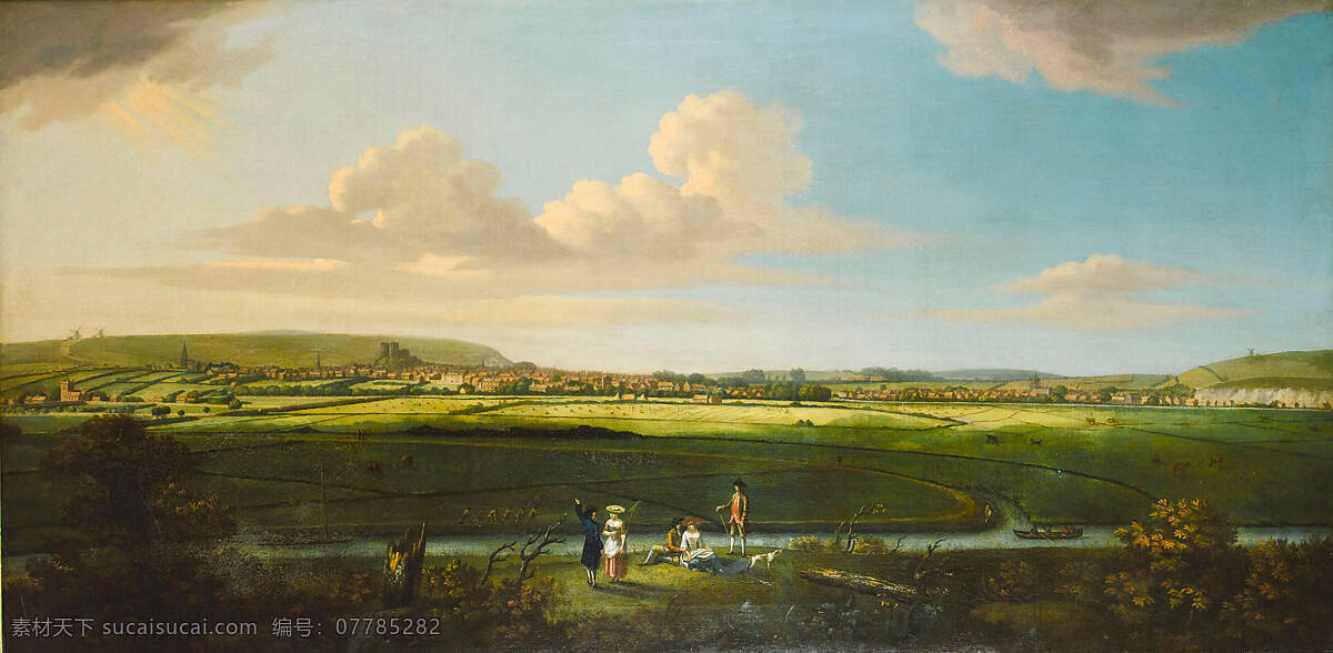 村庄 房子 绘画书法 田地 文化艺术 小船 小河 平原 油画 设计素材 模板下载 平原油画 绿色平原 游人 19世纪油画
