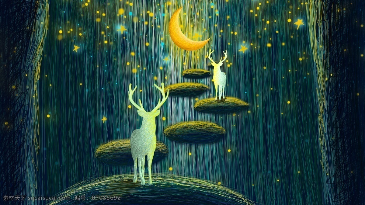 线圈 治愈 奇妙 星空 悬崖 上 鹿 唯美 插画 治愈系 绿色调 星月