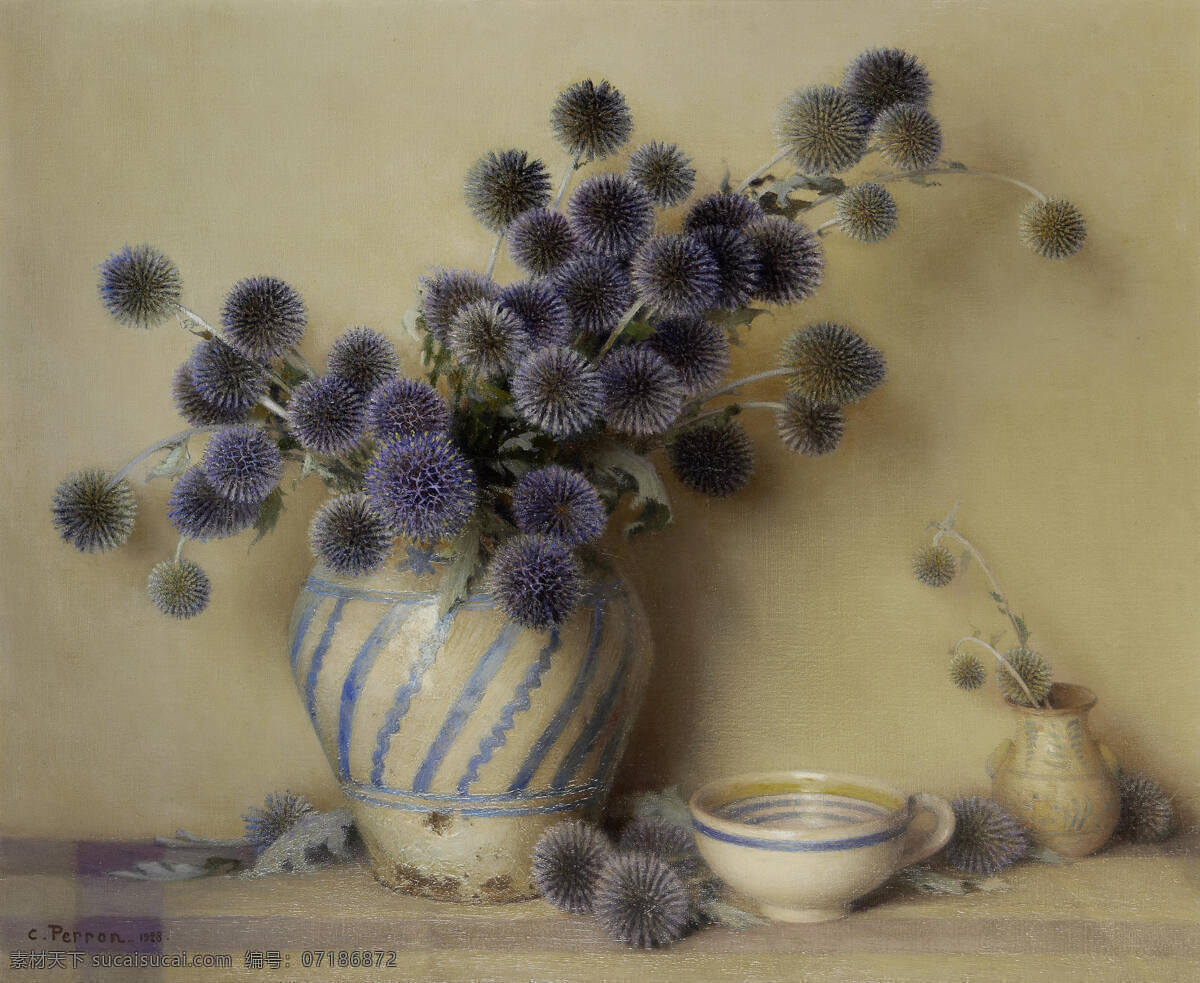 杯子 绘画书法 蒲公英 文化艺术 油画 紫色 设计素材 模板下载 静物鲜花 蓝色条纹花瓶 19世纪油画 矢量图 日常生活