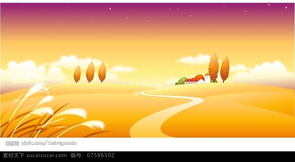 秋收季节 小 木屋 树木 羊肠小道 芦苇 自然景观 自然风景 矢量四季风情 矢量图库