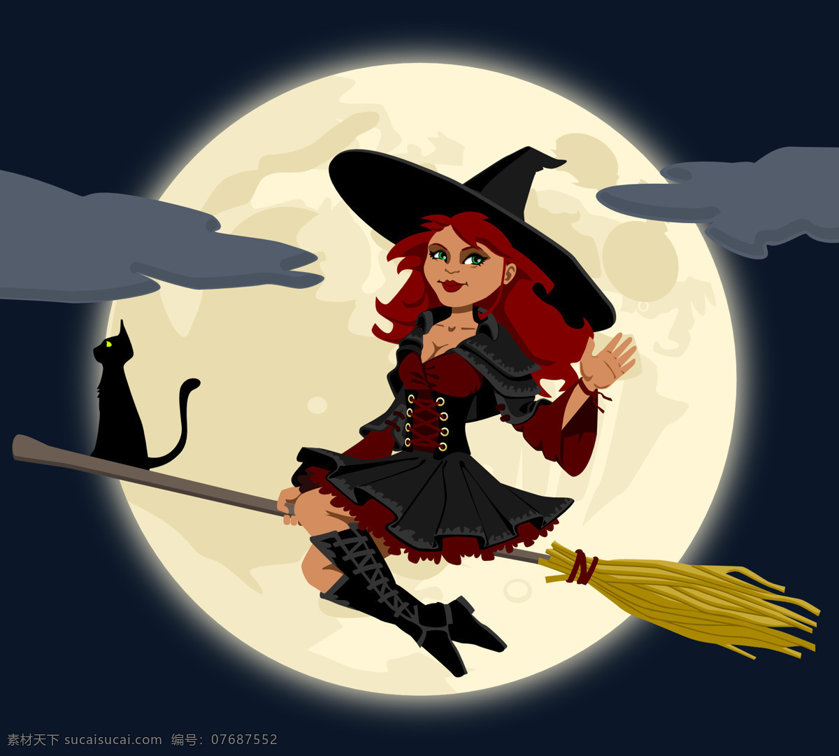 巫婆 巫术 曼城 扫帚 猫 女性 飞行 万圣节 魔术 满月 夜 女孩 卡通设计