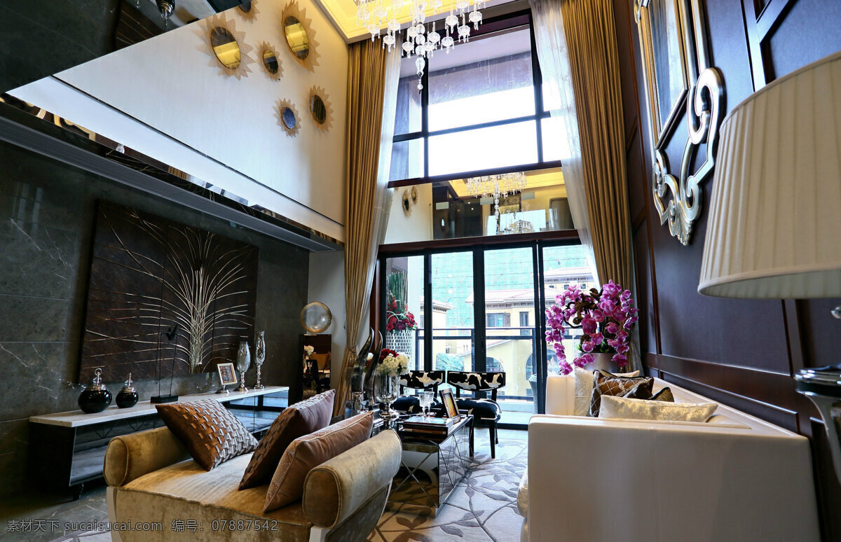现代 奢华 客厅 深褐色 背景 墙 室内装修 效果图 客厅装修 瓷砖地板 白色台灯 白色沙发