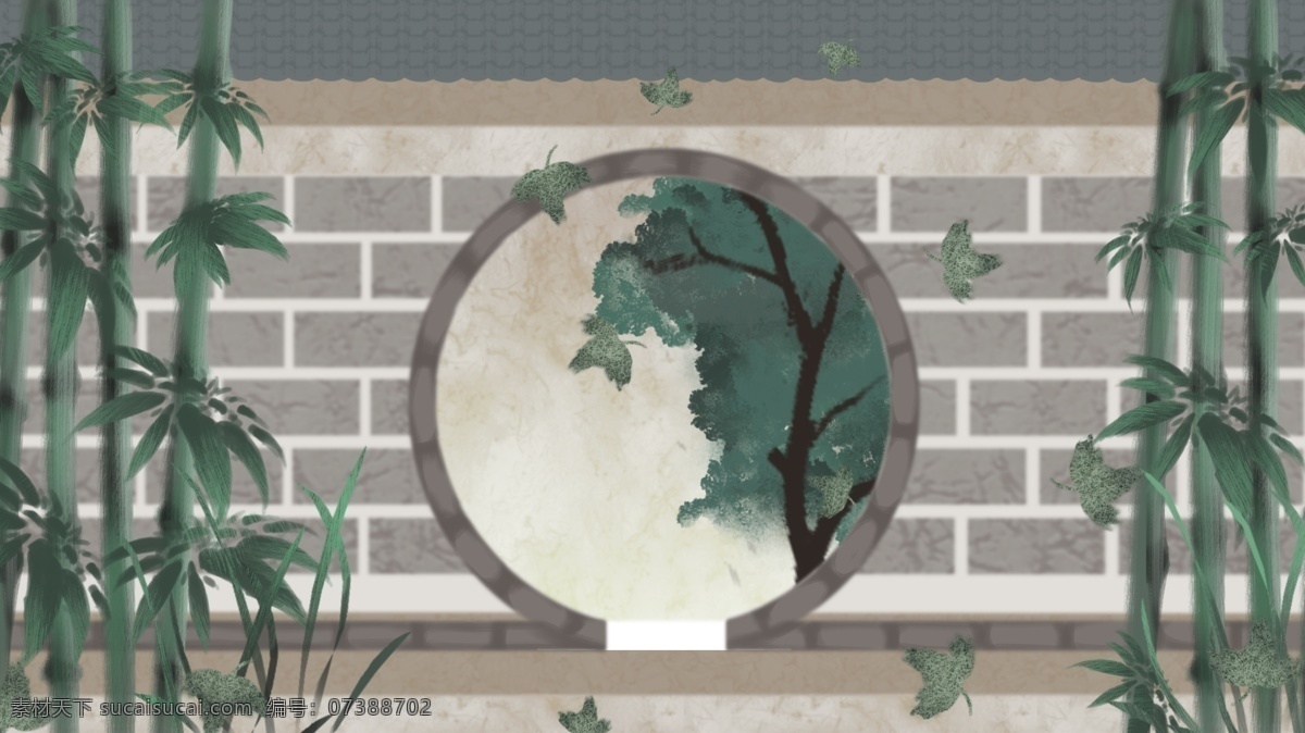 庭院 绿色 竹子 圆形 门洞 砖墙 背景 卡通