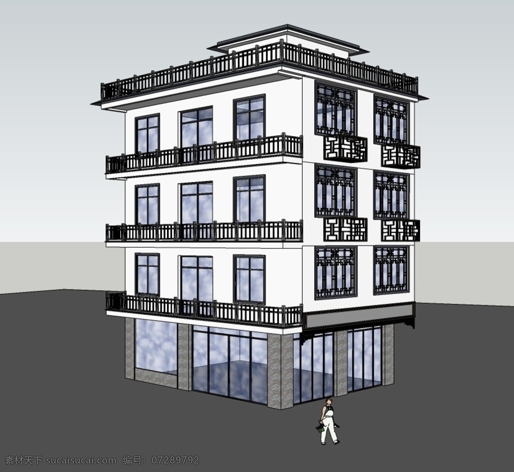 门市 楼房 四 层 su模型 门市房 新中式 阳台 栏杆 镂空窗装饰 3d设计 室外模型 skp