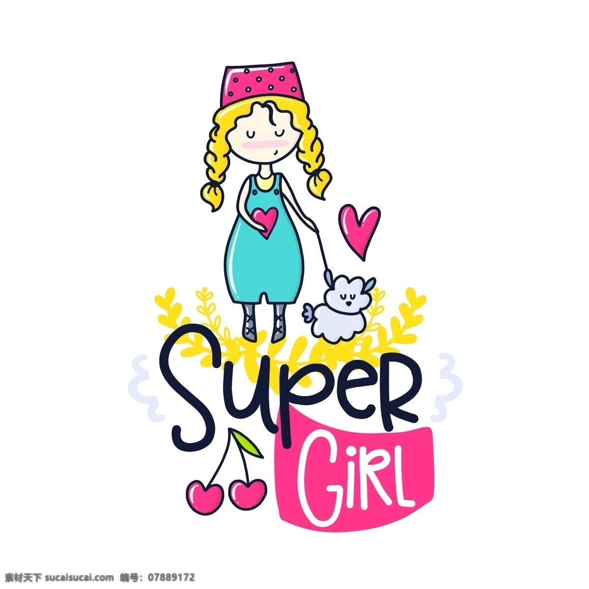 爱心 粉红色 花草 平面素材 设计素材 矢量素材 樱桃 手绘 卡通 小女孩 卡片 矢量