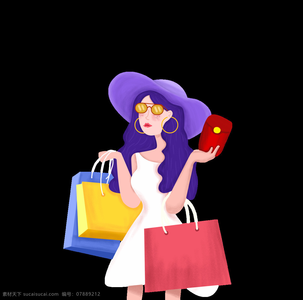 手绘 卡通 时尚 女孩 购物 装饰 红包 购物袋