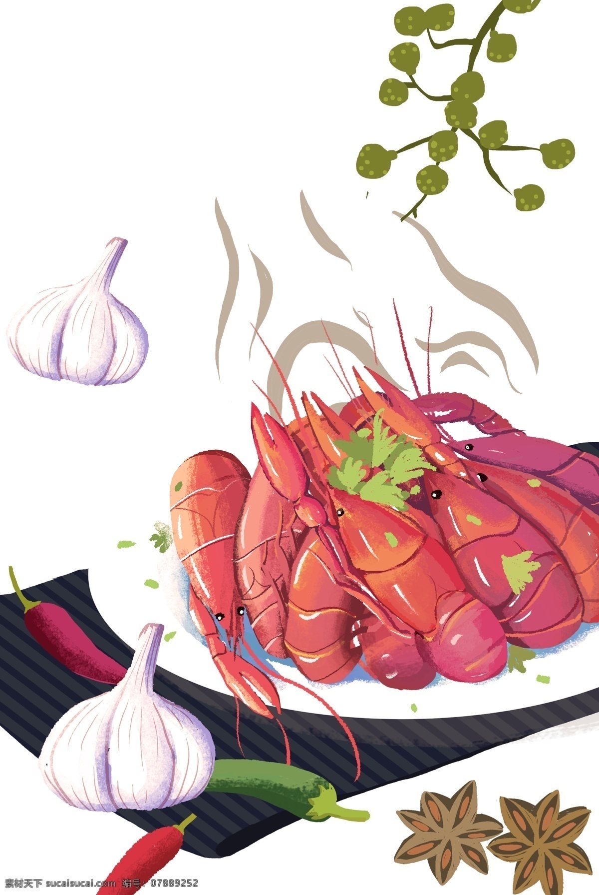 香辣 美味 小 龙虾 装饰 元素 装饰元素 美食 手绘美食 小龙虾 青椒 白色碗 蒜头 武汉美食
