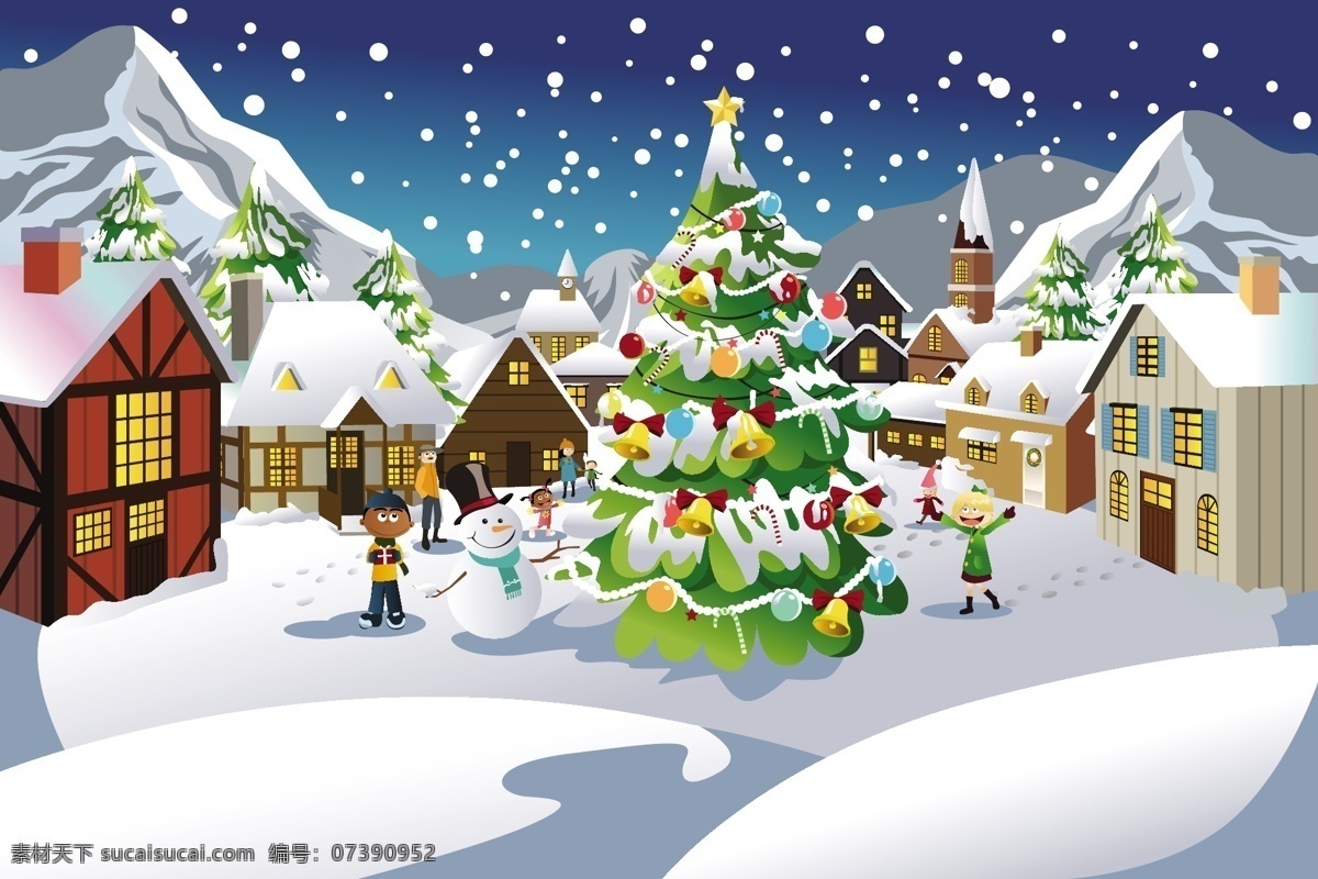 圣诞节 场景 插画 矢量 节日 房屋 插图 雪 雪花 雪人 矢量素材 白色