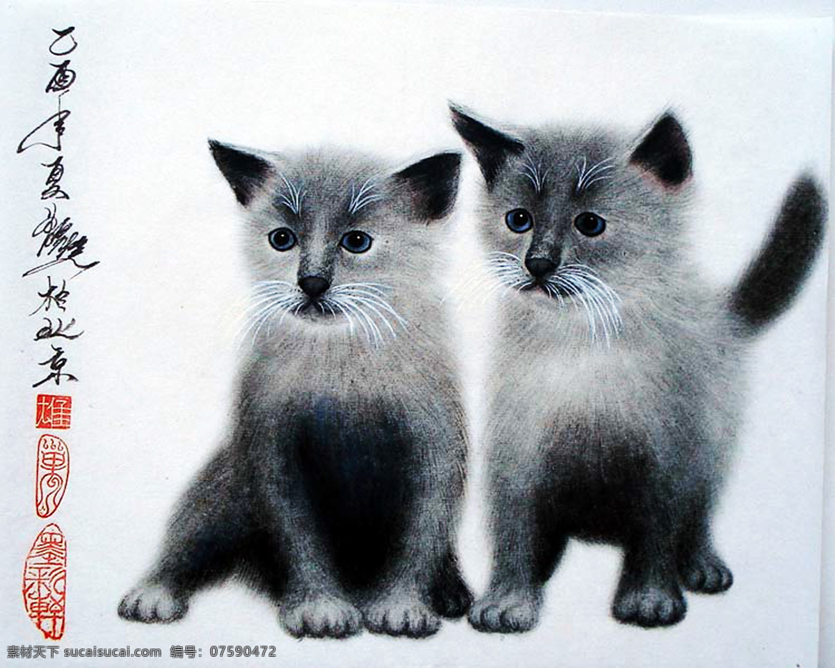 两 只 小猫 国画 国画风格 国画效果 猫 猫狗宠物 猫猫 猫咪 摄影图 生物世界 水墨 两只小猫 水 水墨画 水墨小猫