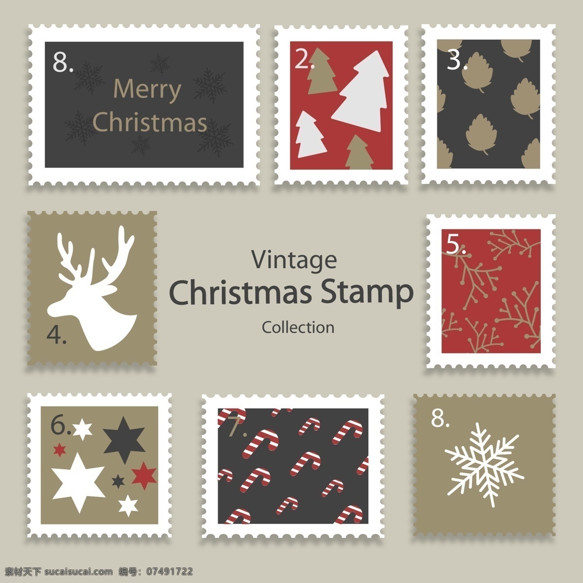 时尚 圣诞 邮票 标签 雪花 圣诞树 圣诞节 矢量素材 英文 糖果 驯鹿