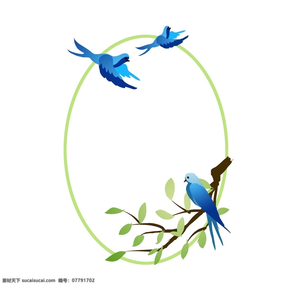 春季 绿色 椭圆形 边框 椭圆形边框 春季边框 绿色边框 树枝 绿叶装饰 蓝色的小鸟 飞翔的小鸟 边框装饰