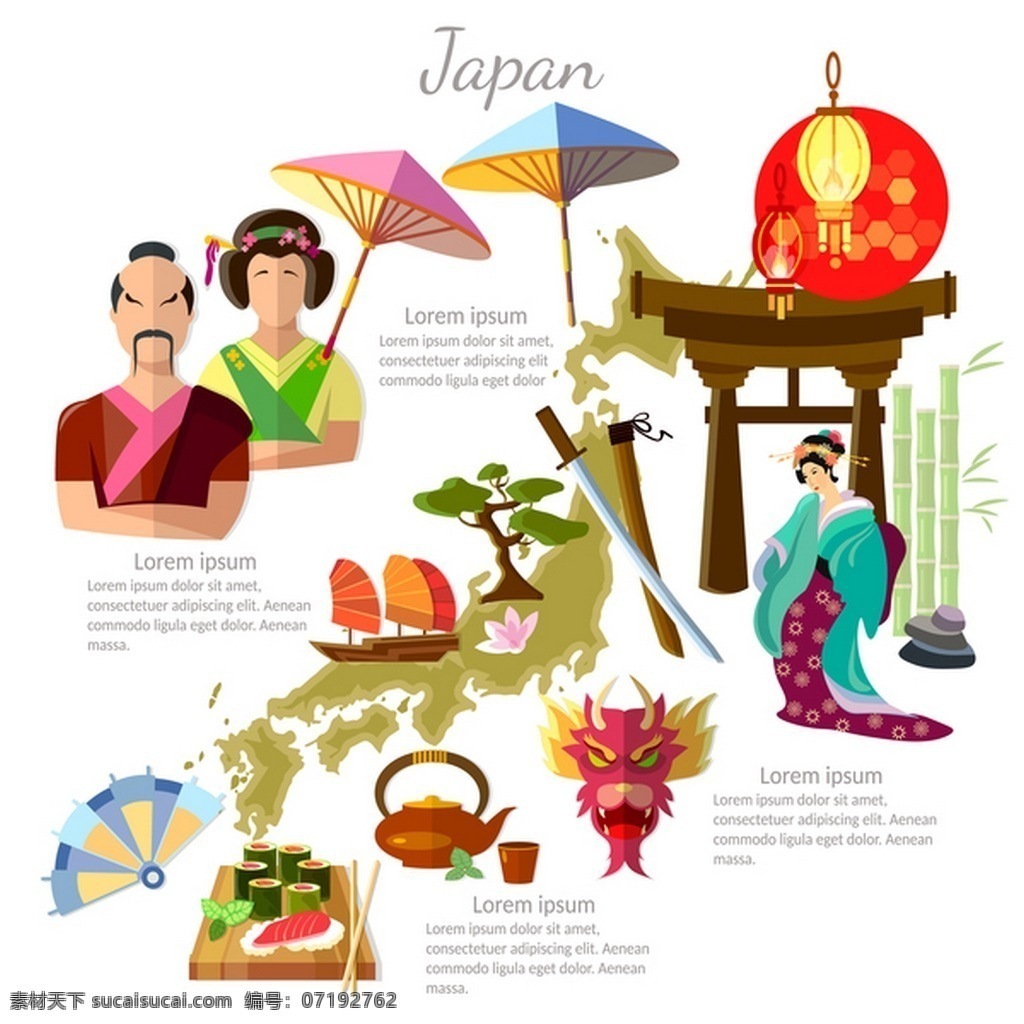 日本 旅游文化 矢量图 伞 男人 寿司 龙头 矢量素材 女人 茶 日本旅游文化