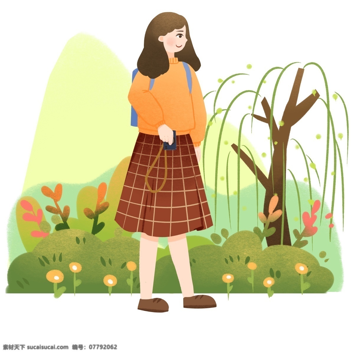 踏青 背包 小女孩 春游踏青插画 背包的小女孩 蓝色的书包 蓝色的照相机 绿色的树木 植物装饰
