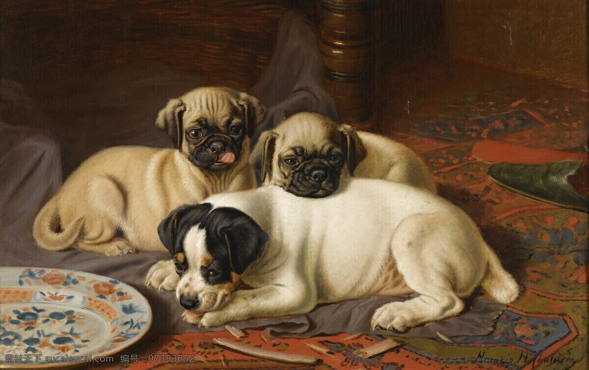 三只小狗 贵族之家 亲密 盘子 19世纪油画 油画 绘画书法 文化艺术