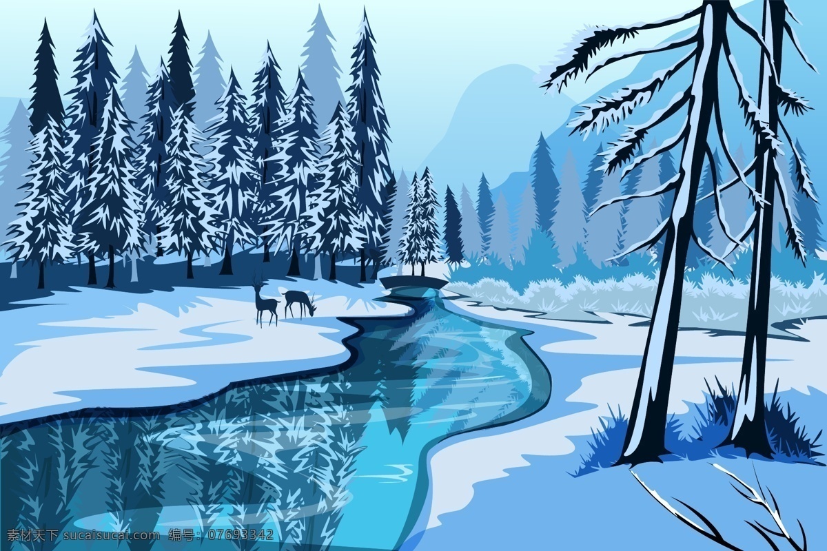 冬天 森林 里 风景 插画 雪景 大树 小河 雪松