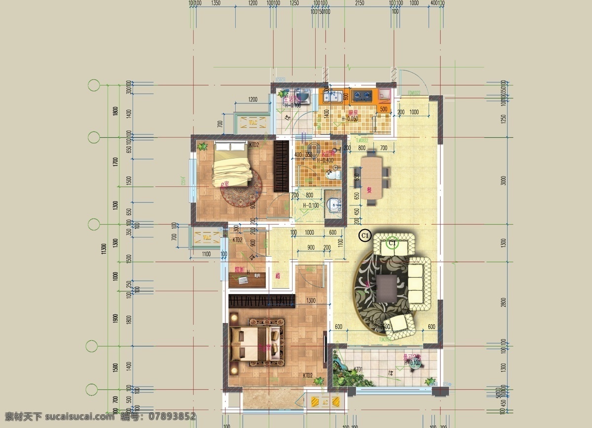 c4新块 户型 平面 彩色 图 床 餐桌 家具 植物 户型图 家具布置 装修效果