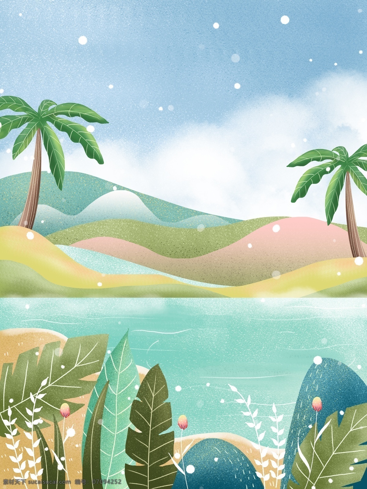 夏至 手绘 河边 风景 插画 背景 治愈系背景 插画背景 植物背景 唯美 草地背景 绿地背景 蓝天白云