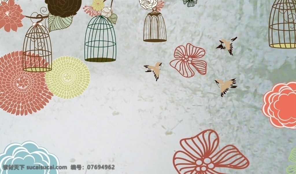 抽象 手绘 鸟笼 花朵 背景 墙 背景墙 文化艺术
