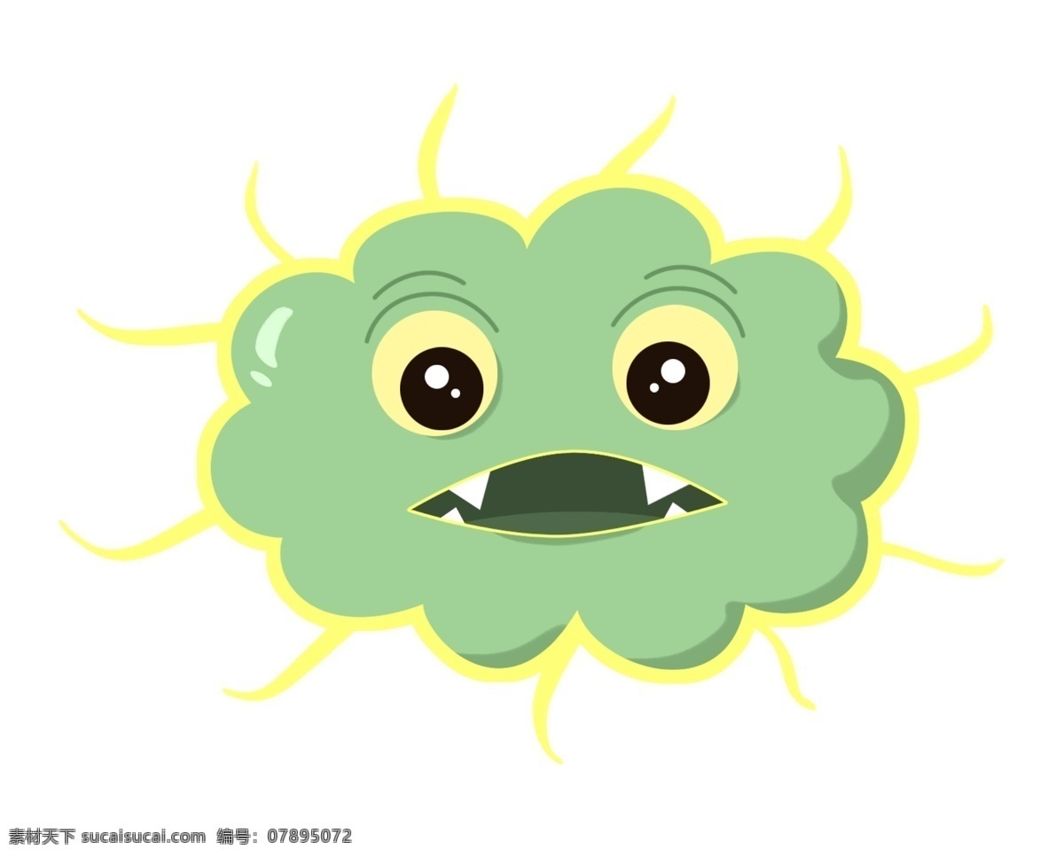 绿色 云朵 细菌 插图 惊讶的表情 绿色的病菌 云朵图案 黄色边框 卡通 可爱 病毒 创意 嘴巴 攻击