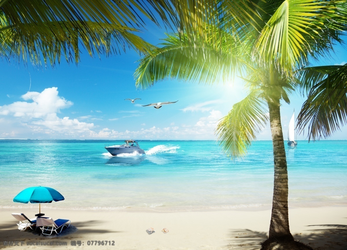 海边风景 海边 风景 躺椅 椰树 阳光 船 海鸟 海星 消滩 分层