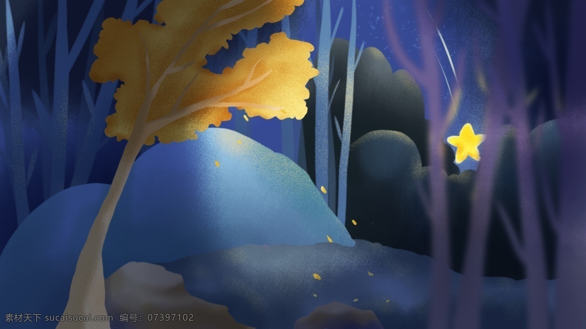 森林 夜晚 插画 背景 唯美 树木 背景素材 卡通背景 插画背景 枫树 广告背景 psd背景 手绘背景
