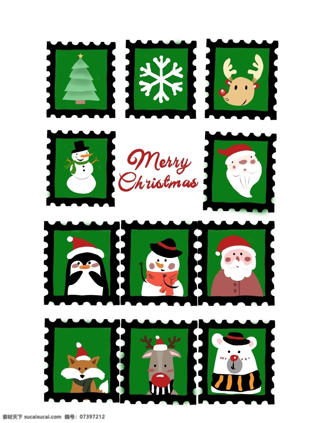 圣诞节 邮票 圣诞老人 元素 手绘 贴纸
