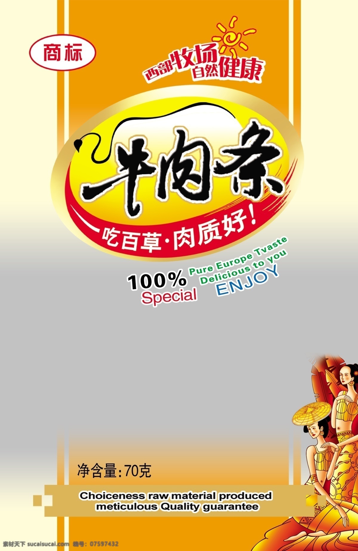 包装设计 广告设计模板 渐变色块 牛肉条 商标 英文 源文件 牛肉 条 模板下载 傣族姑娘 小阳光 psd源文件