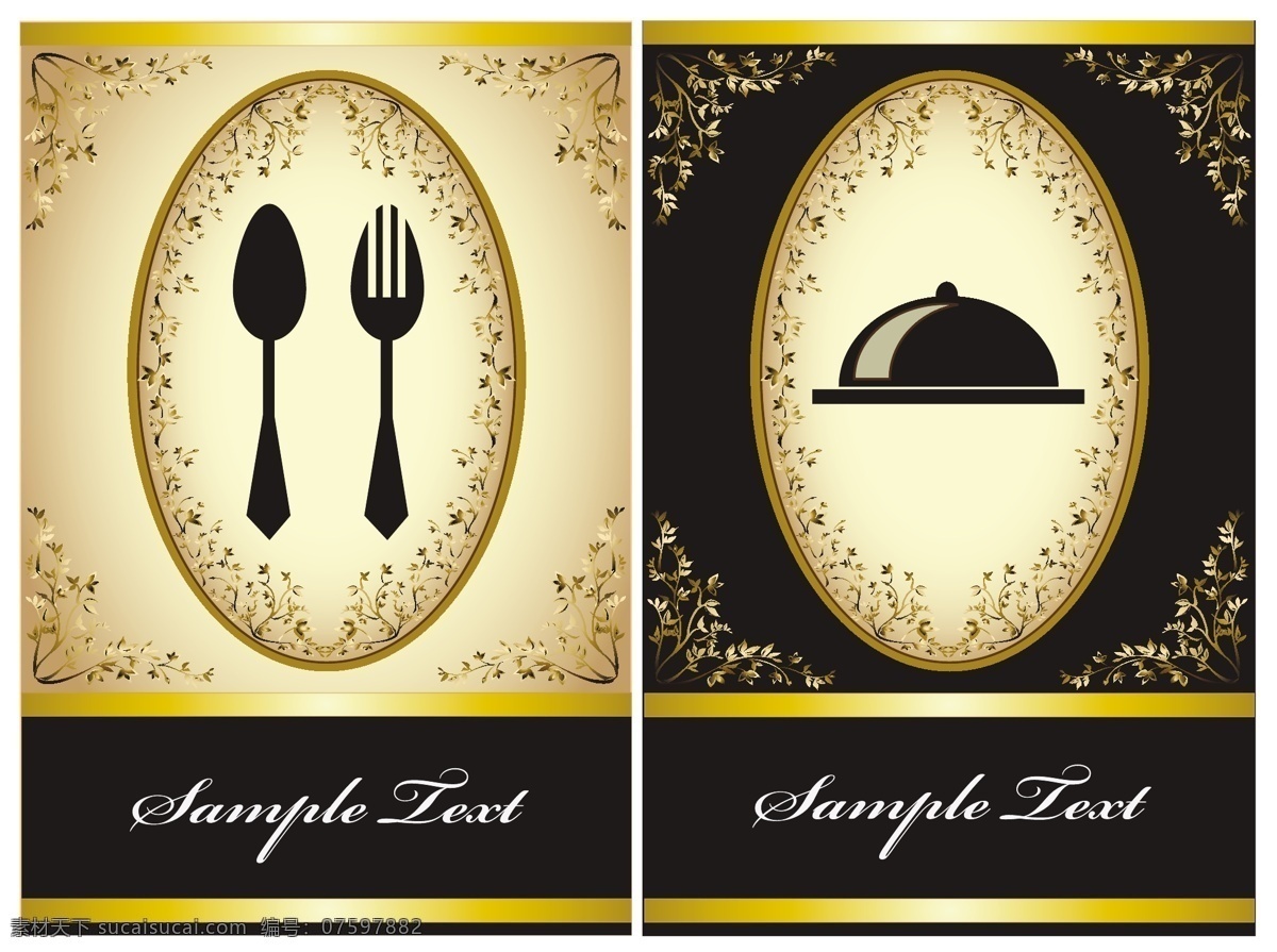 西餐厅 菜单 矢量图 格式 文件 花纹卡片 金色花纹 西式餐厅 餐厅贺卡 花纹贺卡 餐具图案