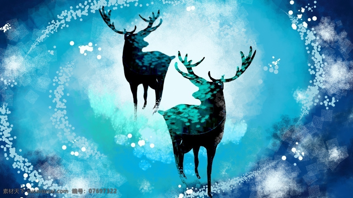 驯鹿 梦幻 仙境 森林 遇 鹿 手绘 治愈 插画 星空 蓝色 底纹 蓝天 七夕 夜晚 壁纸 装饰画 手机壳 背景 水彩 白云 薄荷绿 情侣 圣诞