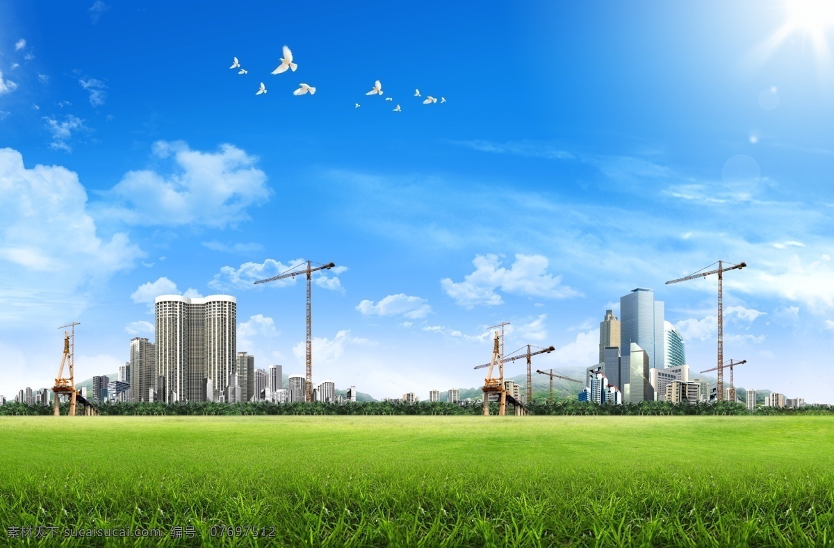 春天 风景 城市 建筑 psd素材 草地风景 城市建筑 春天背景 分层素材 广告背景 和平鸽 蓝色天空 绿色草地 阳光 自然风景 psd源文件