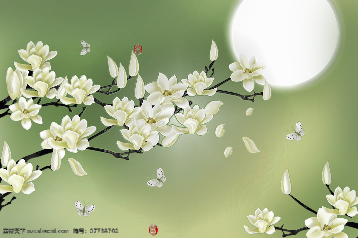 月下 花 凋零 3d渲染 效果图 背景墙 客厅山水画 山水画欣赏 挂画 瓷砖