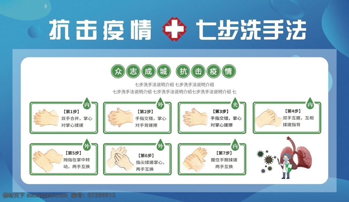 七步洗手法 七步 洗手法 专业 洗手7步法 勤洗手 洗手 正确洗手 洗手步骤 洗手七步骤 个人防护指南 洗手7步骤 洗手方法 新型冠状病毒 新冠病毒 新冠肺炎 疫情 抗击疫情 疫情防控 预防疫情 肺炎 冠状病毒 个人防护 个人预防 绿色海报 蓝色海报