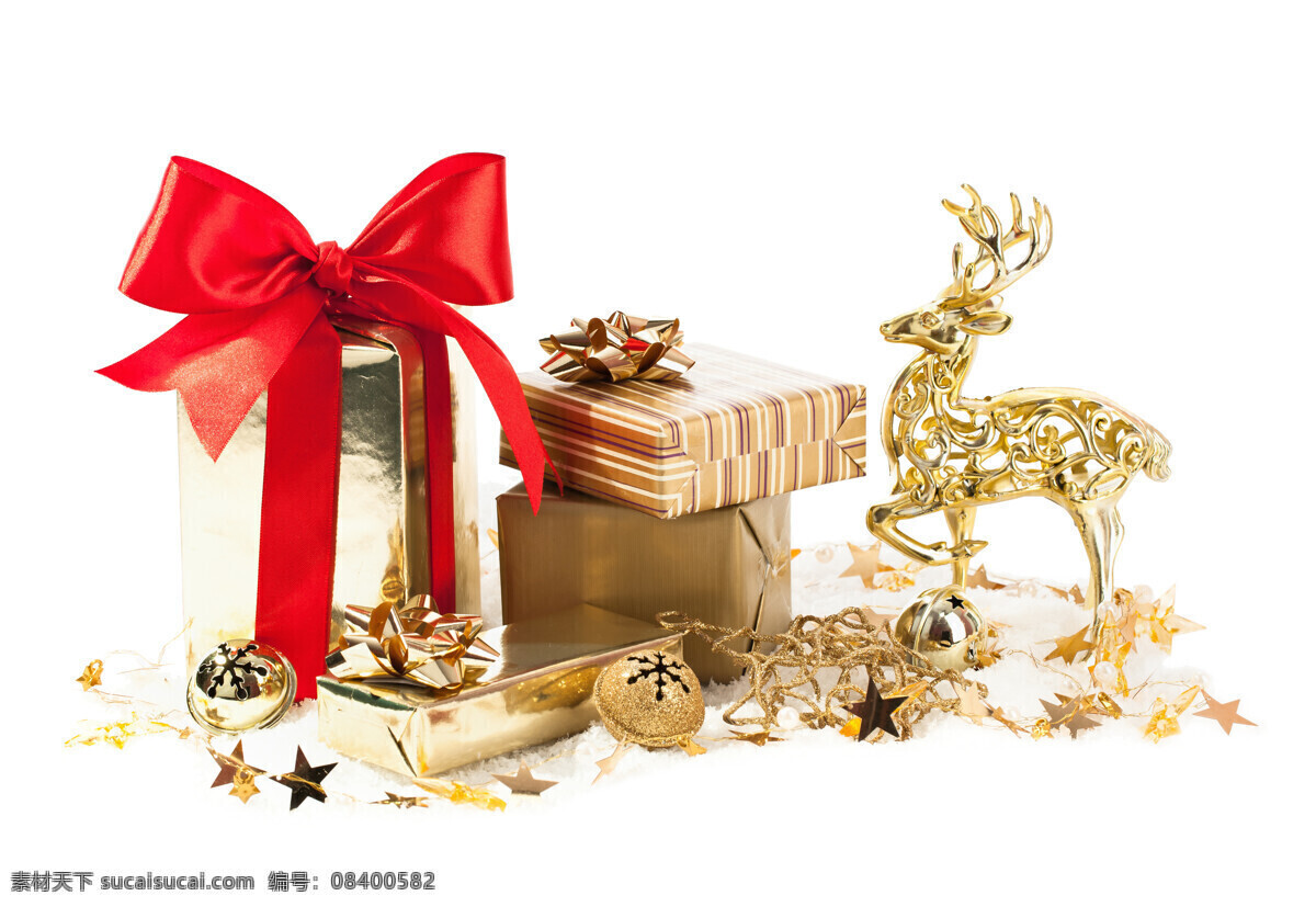 礼物与小鹿 礼物 小鹿 蝴碟结 圣诞球 装饰物 圣诞节 彩色 节日庆典 生活百科 白色