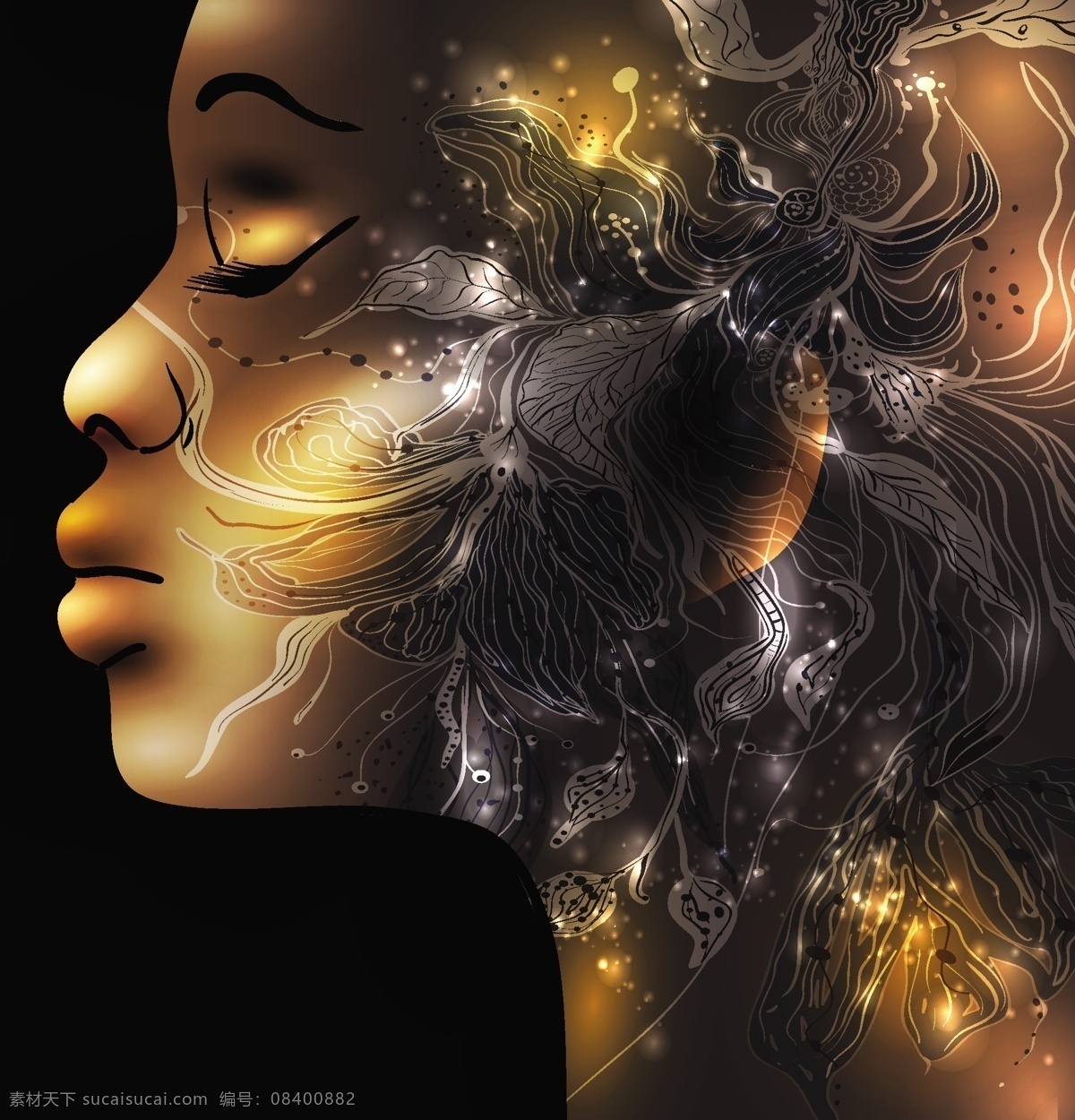 插画女性 美女插画 卡通美女 时尚美女 性感美女 印花图案 底纹边框 矢量素材 黑色