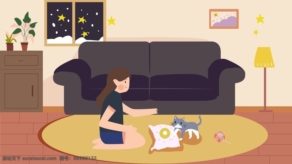 十二月 女孩 室内 陪 猫 玩 插画 冬天 十二月你好 下雪