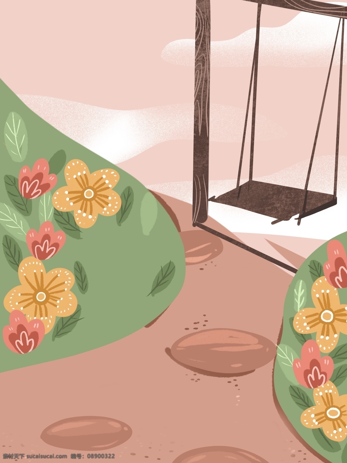 粉色 浪漫 春季 荡秋千 插画 背景 手绘背景 卡通背景 粉色背景 浪漫背景 花卉 广告背景 春季背景 插画背景