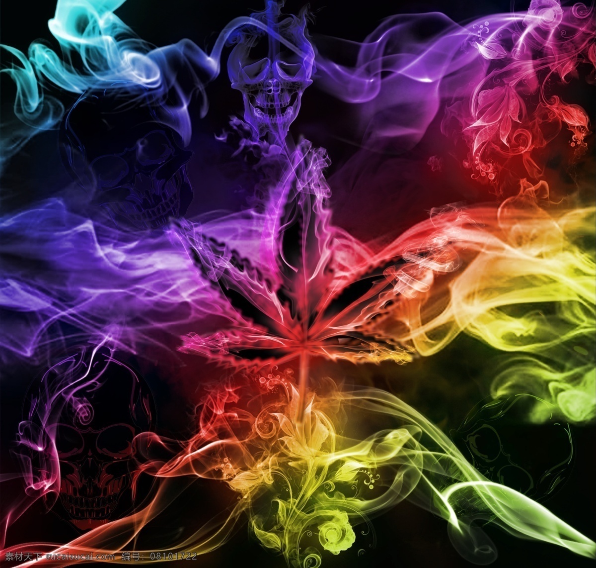 彩烟大麻 彩色 烟雾 骷髅 大麻叶